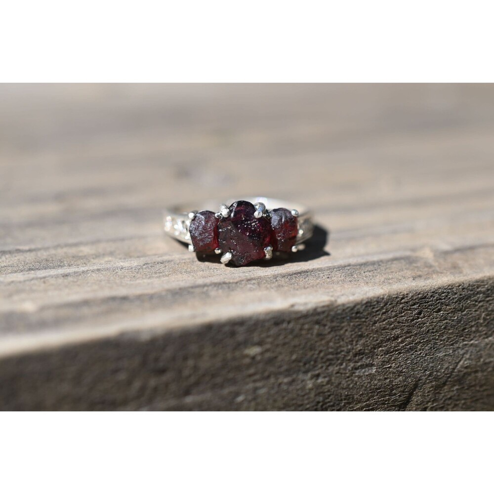 Raw Garnet , Rough Wedding Band, Unique Sterling Silver Promise gemstone jewelry